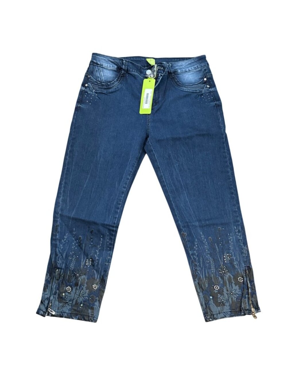 Adami Jacobis Denim Jeans With Floral Embroidered Hem & Rhinestone Accents